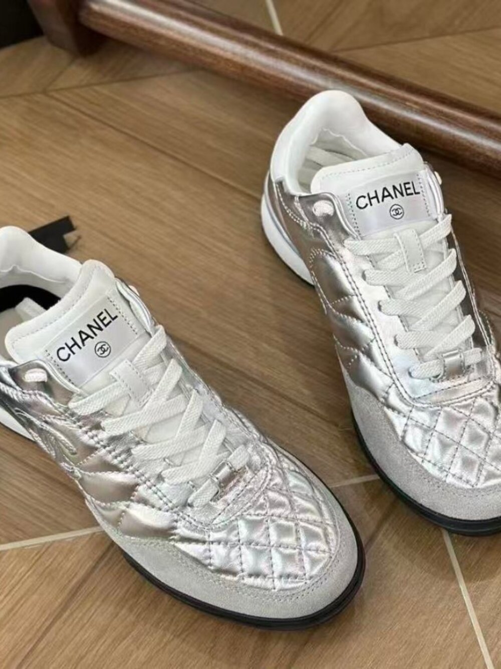 CHANEL Metallic Silver Quilted Sneakers Suede Trim